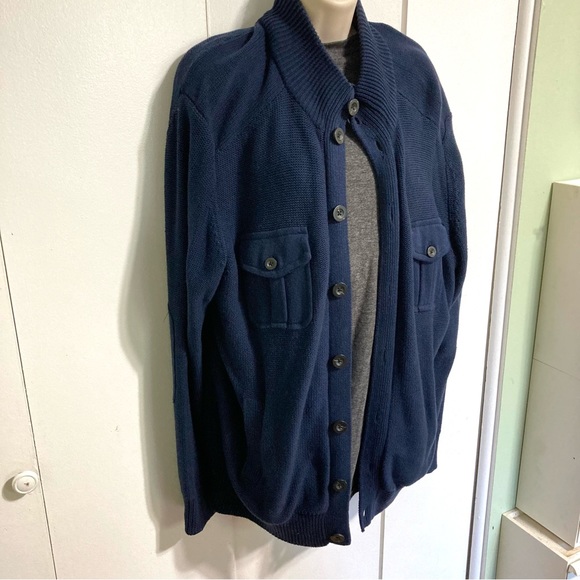 Grandpa Slouchy Cardigan Sweater John Bartlett Navy Blue Cotton  Patched Elbows - Picture 4 of 15